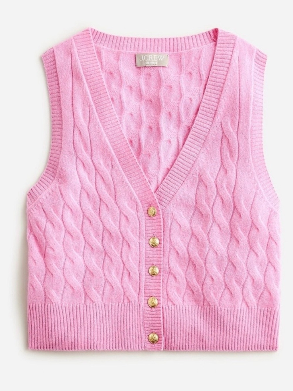 J. Crew Pink Cashmere Cable-Knit V-Neck Button Front Sweater Vest